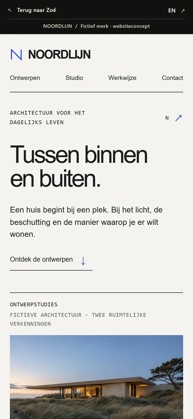 Dezelfde NOORDLIJN-homepage op een telefoon, met een aangepaste indeling.